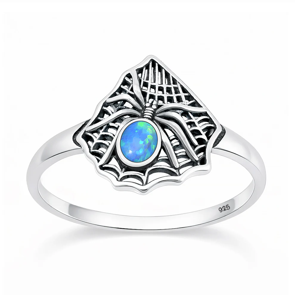 Sterling Silver Oxidized And Polished Spider And Web Blue Lab Opal Ring