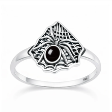 Load image into Gallery viewer, Sterling Silver Oxidized And Polished Spider And Web Black Onyx Stone Ring