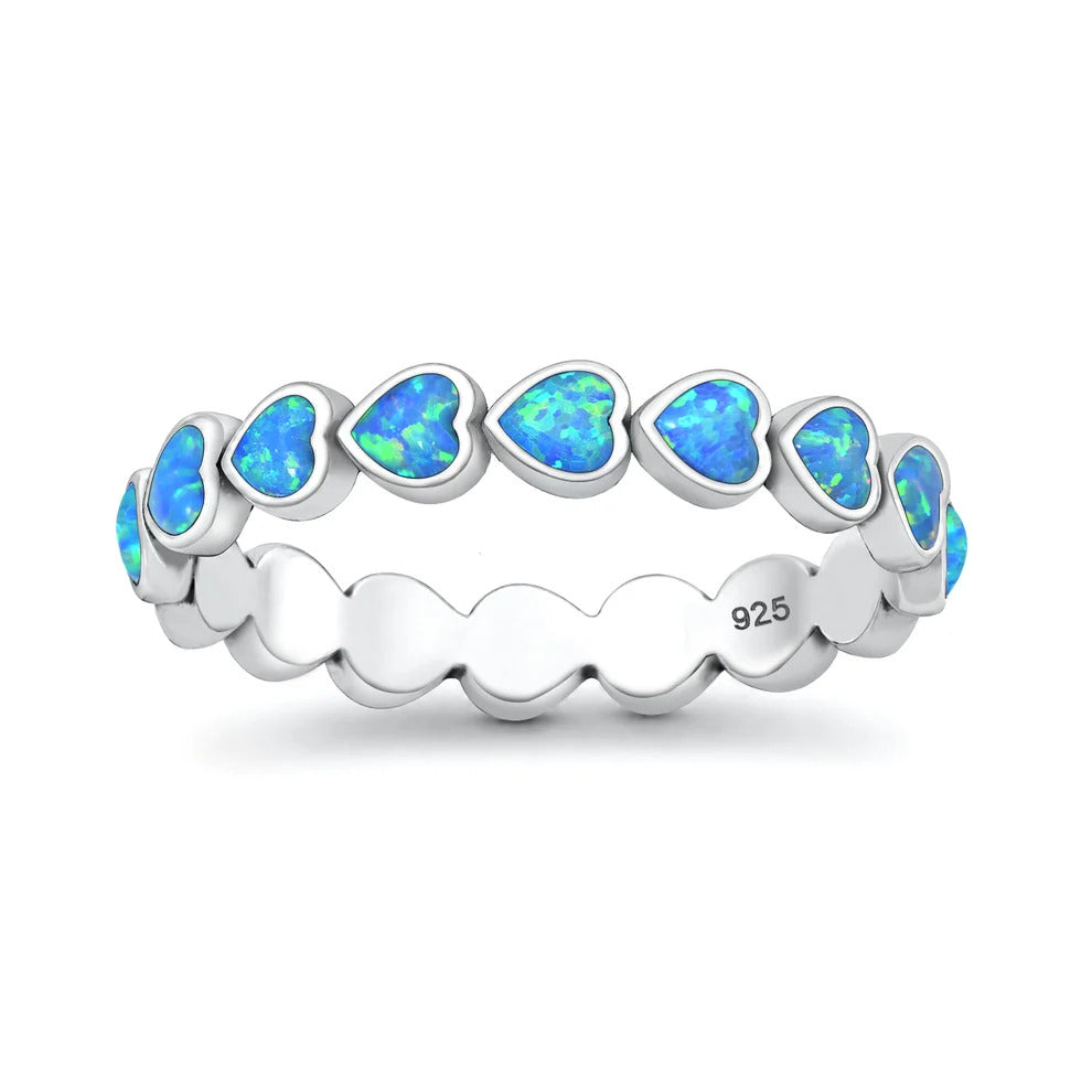 Sterling Silver Oxidized And Polished Hearts Blue Lab Opal Ring