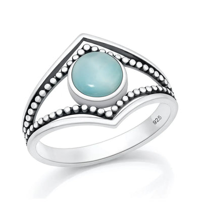 Sterling Silver Oxidized And Polished Bali Design Larimar Stone Ring
