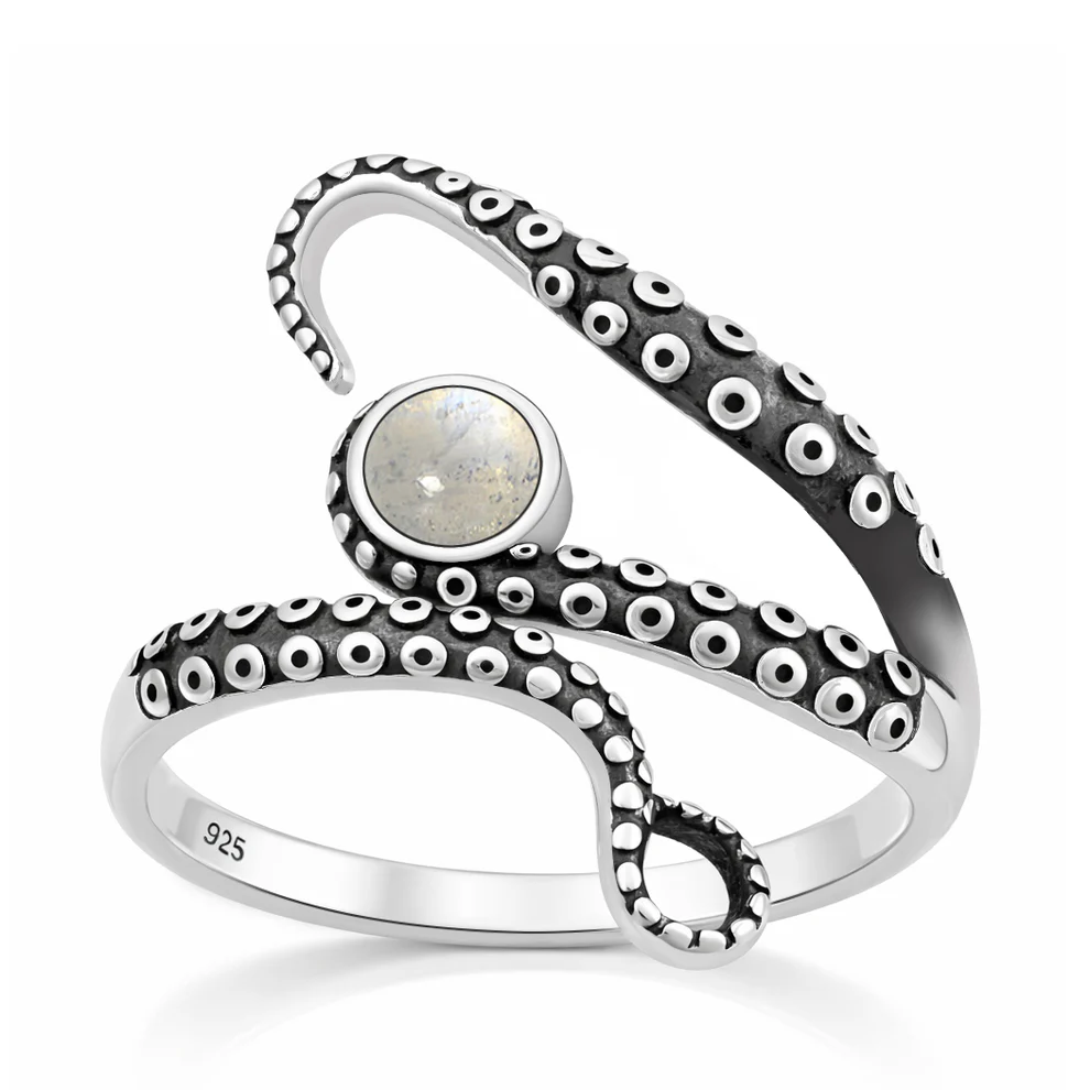Sterling Silver Oxidized And Polished Tentacles Moonstone Stone Ring
