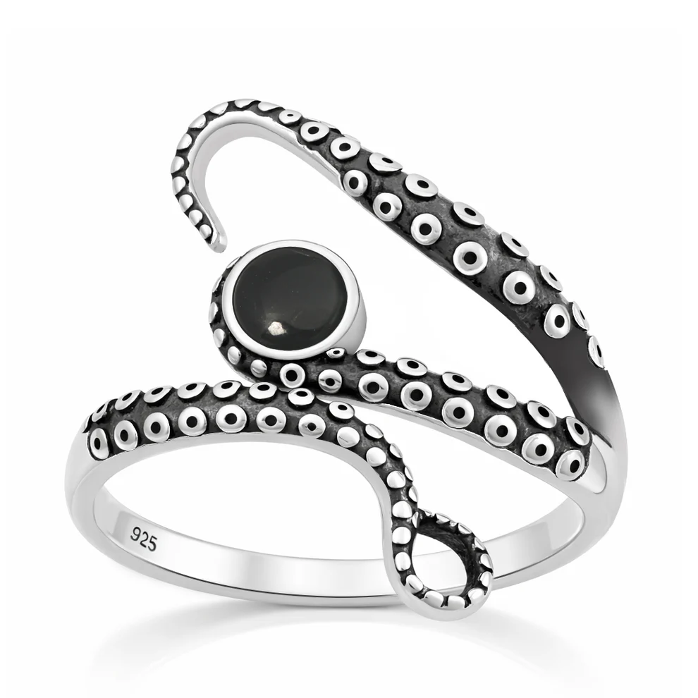 Sterling Silver Oxidized And Polished Tentacles Black Onyx Stone Ring