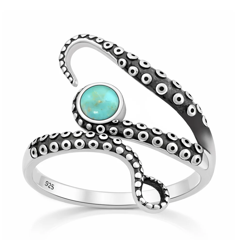 Sterling Silver Oxidized And Polished Tentacles Genuine Turquoise Stone Ring