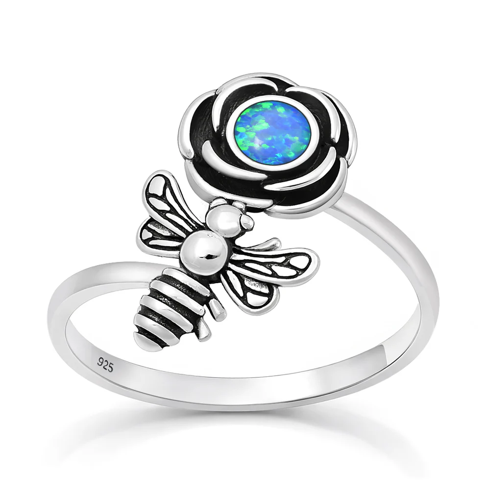 Sterling Silver Oxidized And Polished Flower And Bee Blue Lab Opal Ring