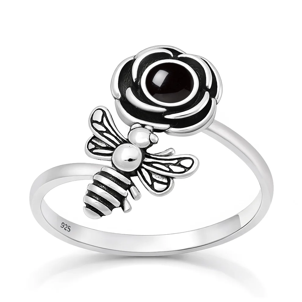 Sterling Silver Oxidized And Polished Flower And Bee Black Onyx Stone Ring