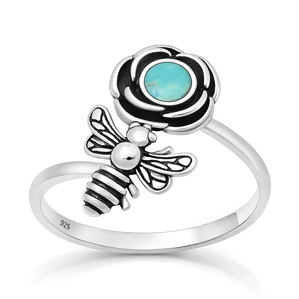 Sterling Silver Oxidized And Polished Flower And Bee Genuine Turquoise Stone Ring