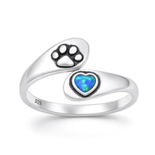 Load image into Gallery viewer, Sterling Silver Oxidized And Polished Paw Print And Heart Blue Lab Opal Ring