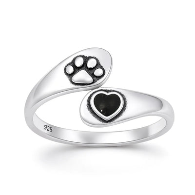 Sterling Silver Oxidized And Polished Paw Print And Heart Black Agate Stone Ring