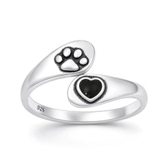 Sterling Silver Oxidized And Polished Paw Print And Heart Black Agate Stone Ring