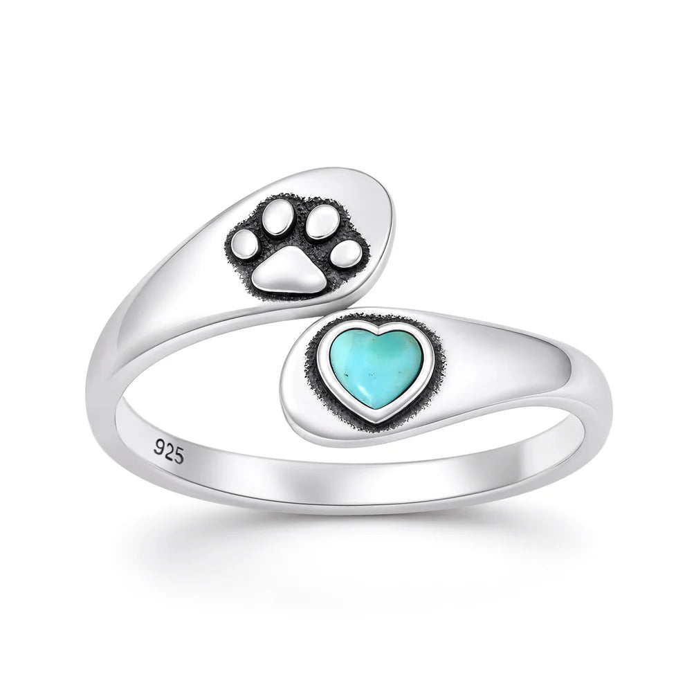 Sterling Silver Oxidized And Polished Paw Print And Heart Turquoise Stone Ring