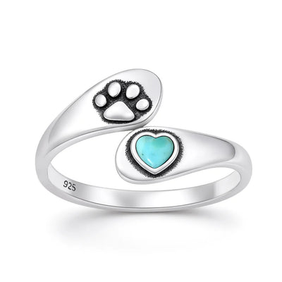 Sterling Silver Oxidized And Polished Paw Print And Heart Turquoise Stone Ring