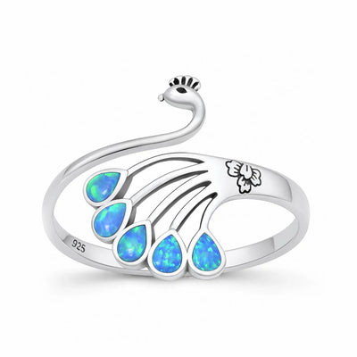 Sterling Silver Oxidized And Polished Blue Lab Opal Peacock Ring