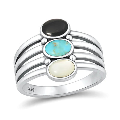 Sterling Silver Oxidized And Polished 15.5mm Multi Color Stone Ring