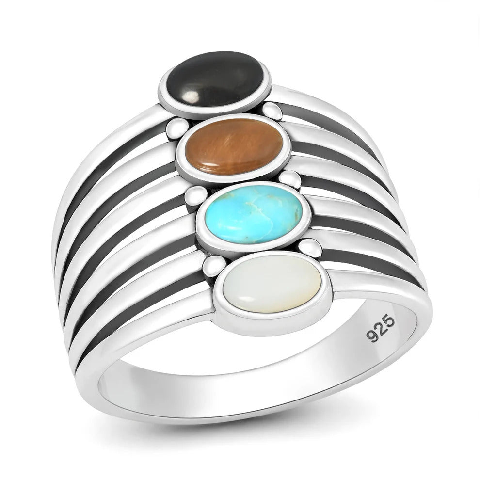 Sterling Silver Oxidized And Polished 21mm Multi Color Stone Ring