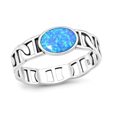 Sterling Silver Oxidized And Polished Mariner Band Blue Lab Opal Ring