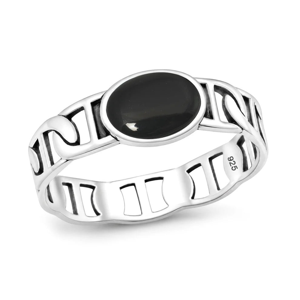 Sterling Silver Oxidized And Polished Mariner Band Black Onyx Ring