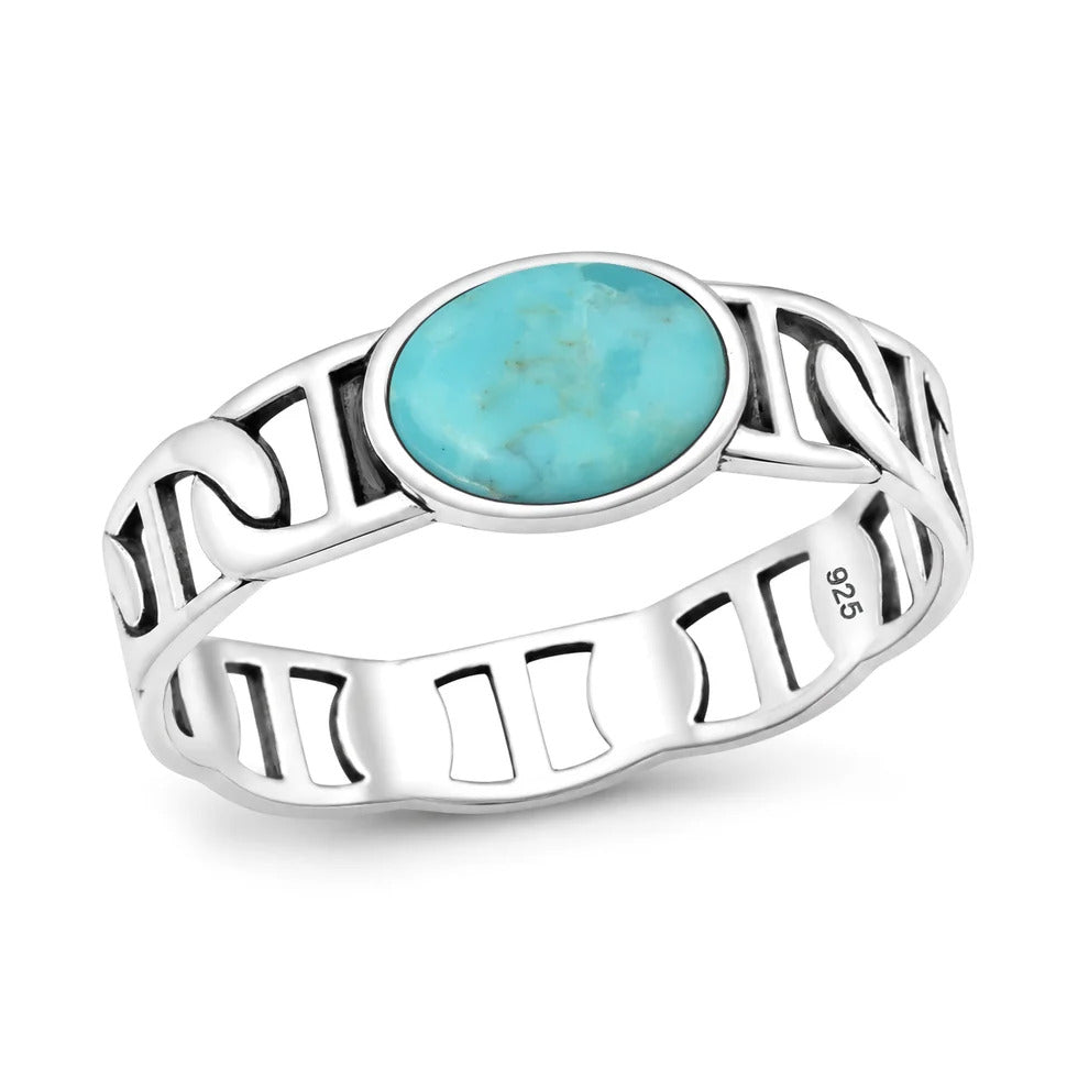 Sterling Silver Oxidized And Polished Mariner Band Turquoise Ring