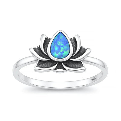 Sterling Silver Oxidized And Polished Blue Lab Opal Lotus Ring