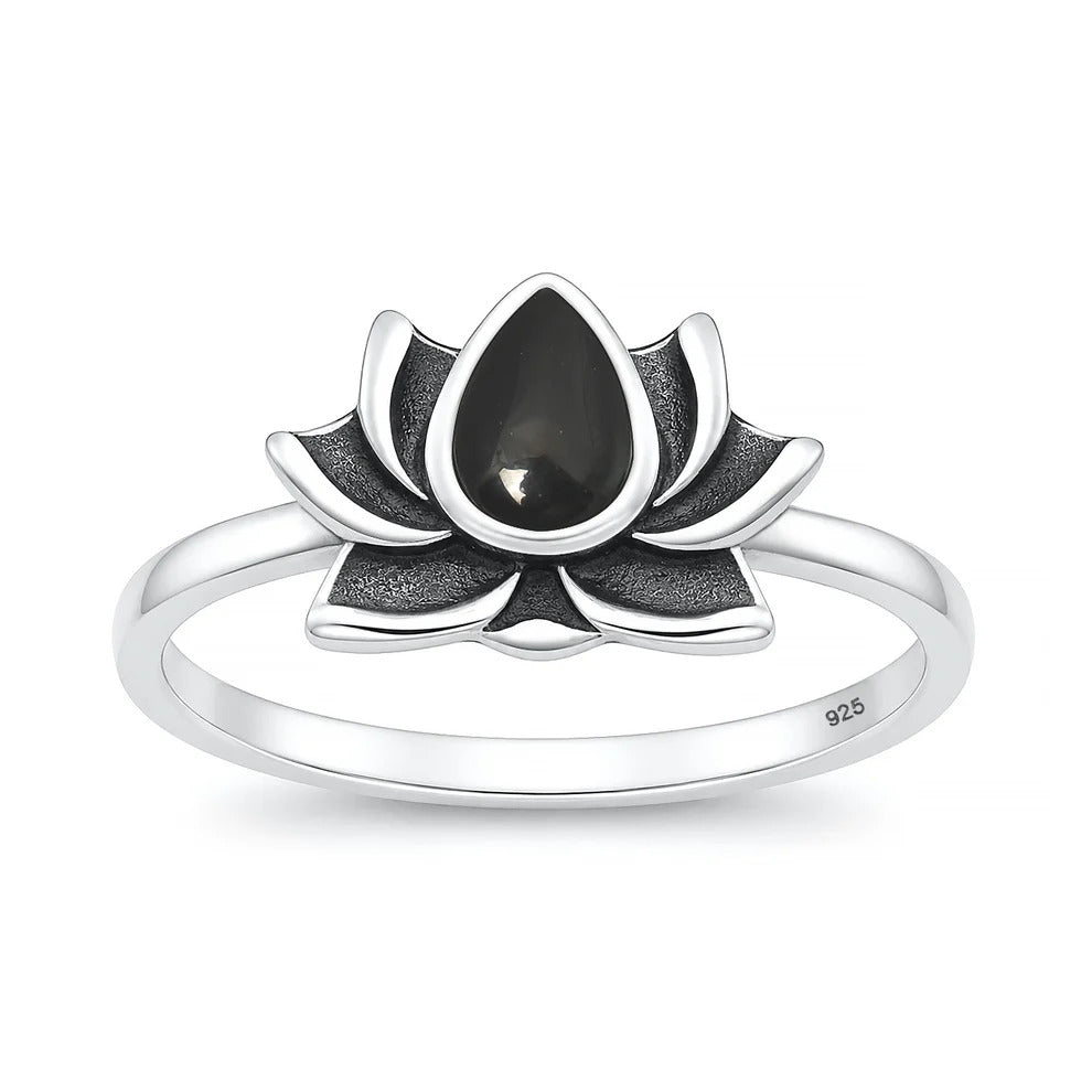 Sterling Silver Oxidized And Polished Black Onyx Lotus Ring