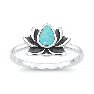 Sterling Silver Oxidized And Polished Turquoise Lotus Ring