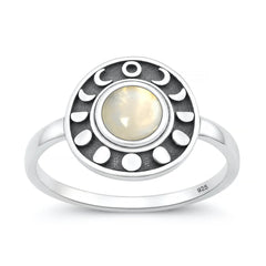 Sterling Silver Oxidized And Polished Moon Phases Moonstone Ring