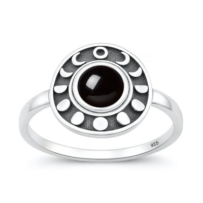 Sterling Silver Oxidized And Polished Moon Phases Black Agate Stone Ring