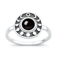 Sterling Silver Oxidized And Polished Moon Phases Black Agate Stone Ring