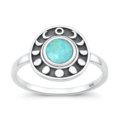 Sterling Silver Oxidized And Polished Moon Phases Turquoise Stone Ring