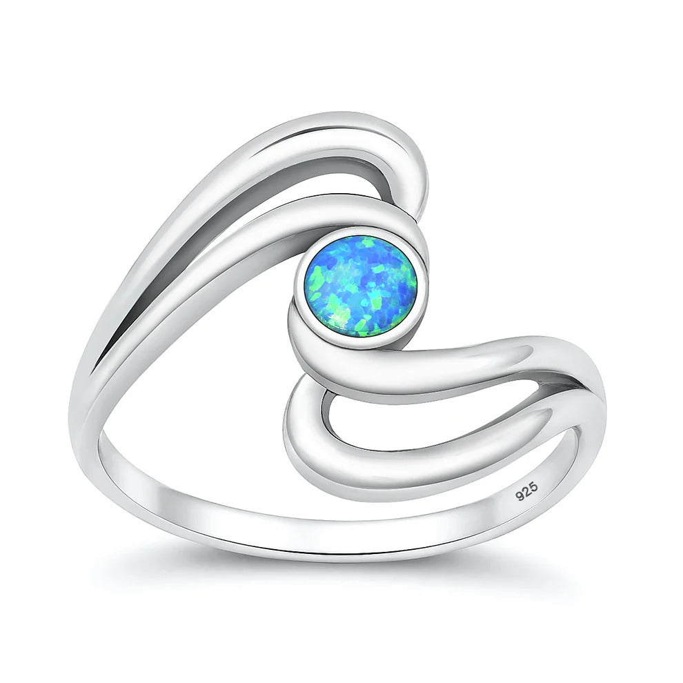 Sterling Silver Oxidized And Polished Blue Lab Opal Swirl Ring