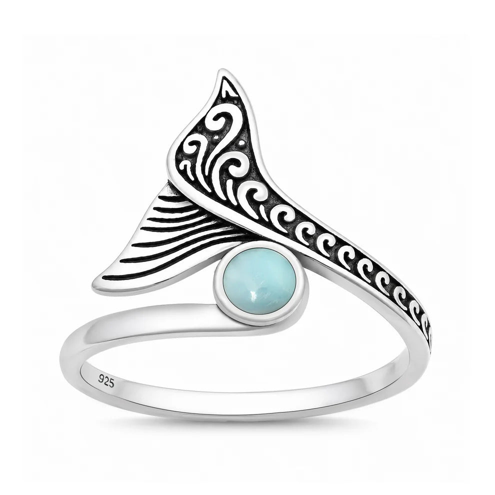 Sterling Silver Oxidized And Polished Whale Tail Larimar Ring