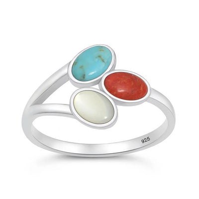 Sterling Silver Oxidized And Polished 12.5mm Multi Color Stone Ring