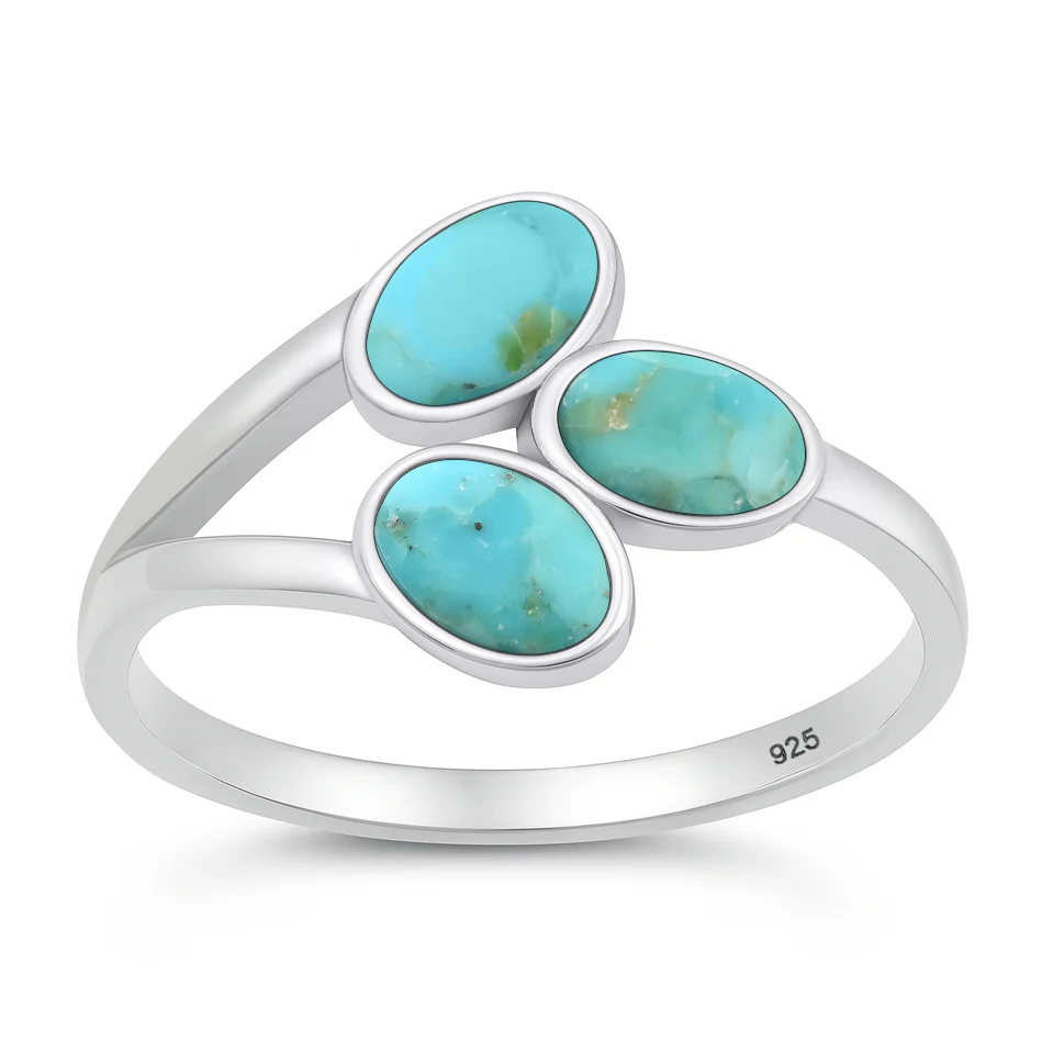 Sterling Silver Oxidized And Polished Ovals Genuine Turquoise Stone Ring