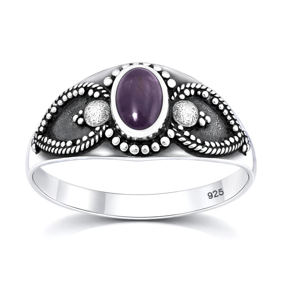 Sterling Silver Oxidized And Polished 9mm Oval Amethyst Stone Bali Ring
