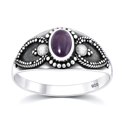 Sterling Silver Oxidized And Polished 9mm Oval Amethyst Stone Bali Ring