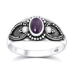 Sterling Silver Oxidized And Polished 9mm Oval Amethyst Stone Bali Ring