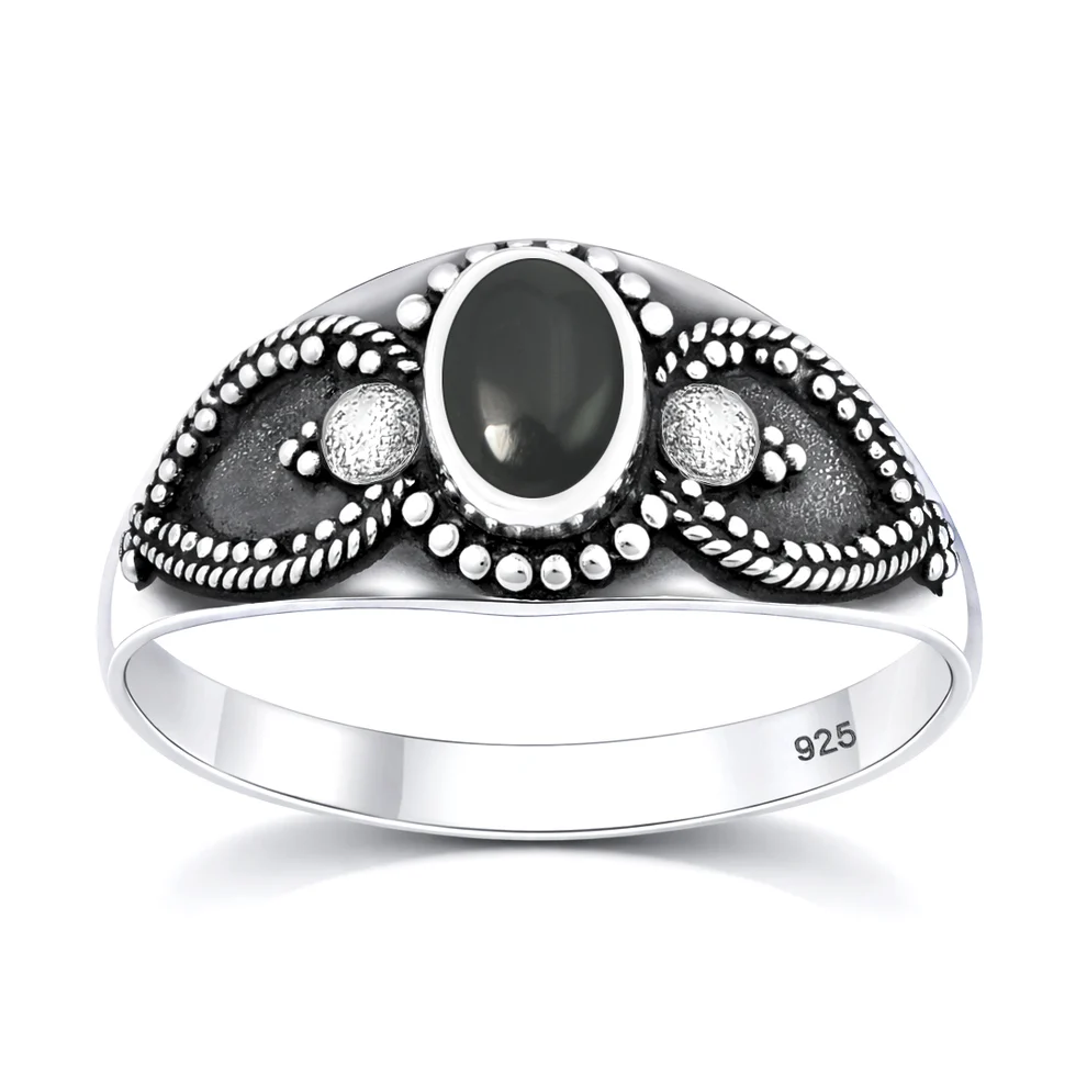 Sterling Silver Oxidized And Polished 9mm Oval Black Onyx Stone Bali Ring