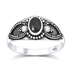 Sterling Silver Oxidized And Polished 9mm Oval Black Onyx Stone Bali Ring