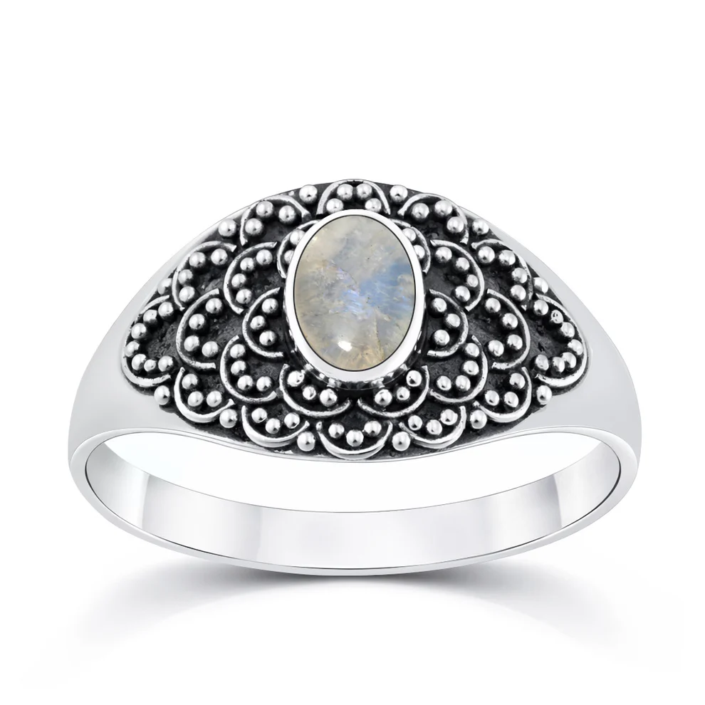 Sterling Silver Oxidized And Polished Flower Oval Moonstone Bali Ring