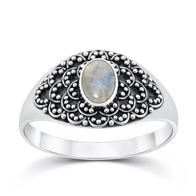 Sterling Silver Oxidized And Polished Flower Oval Moonstone Bali Ring