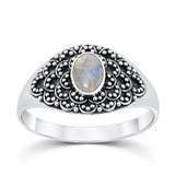 Sterling Silver Oxidized And Polished Flower Oval Moonstone Bali Ring