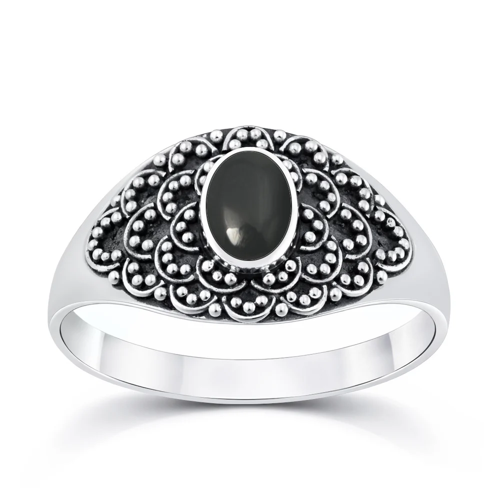 Sterling Silver Oxidized And Polished Oval Black Onyx Stone Bali Ring