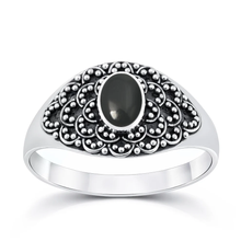 Load image into Gallery viewer, Sterling Silver Oxidized And Polished Oval Black Onyx Stone Bali Ring