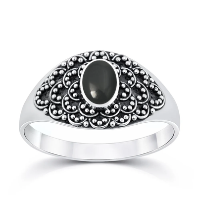 Sterling Silver Oxidized And Polished Oval Black Onyx Stone Bali Ring