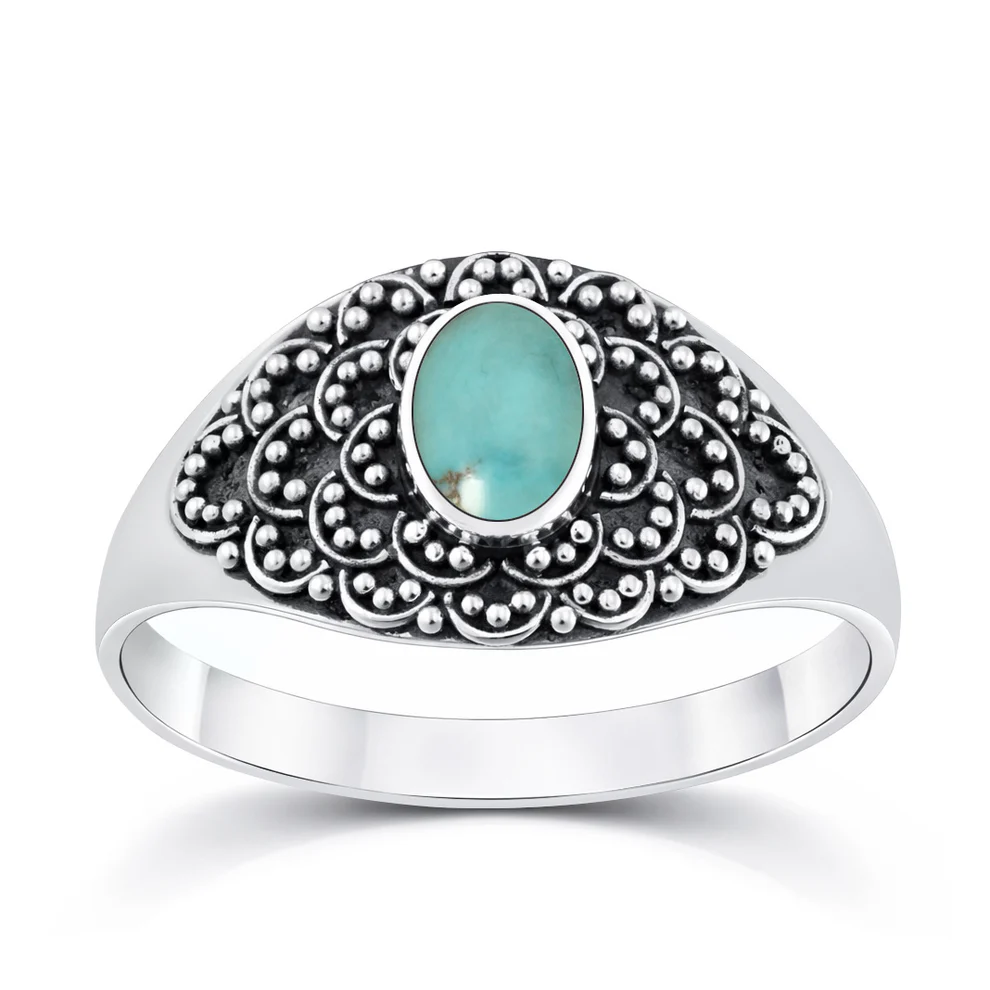 Sterling Silver Oxidized And Polished Oval Genuine Turquoise Stone Bali Ring