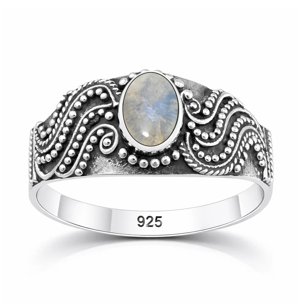 Sterling Silver Oxidized And Polished Oval Moonstone Bali Ring