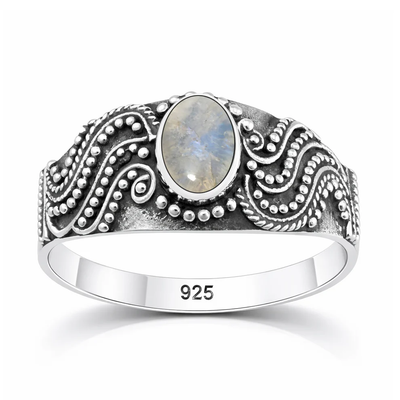 Sterling Silver Oxidized And Polished Oval Moonstone Bali Ring