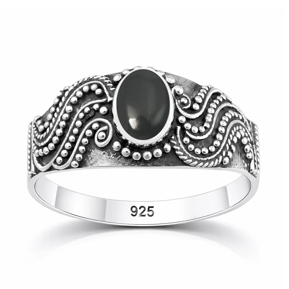 Sterling Silver Oxidized And Polished Black Onyx Stone Bali Ring