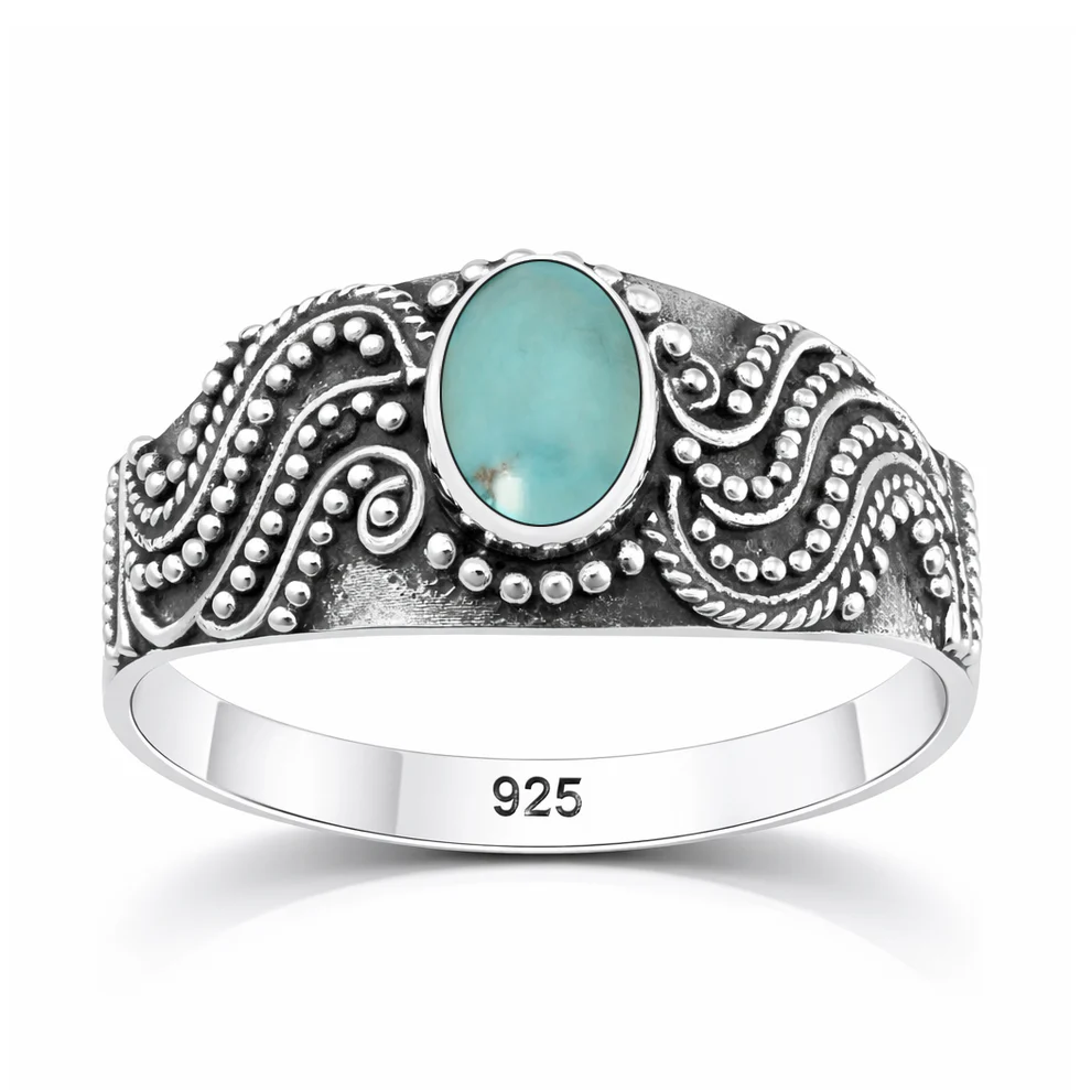 Sterling Silver Oxidized And Polished Round Genuine Turquoise Stone Bali Ring