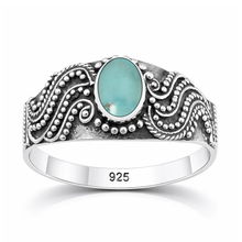 Load image into Gallery viewer, Sterling Silver Oxidized And Polished Round Genuine Turquoise Stone Bali Ring
