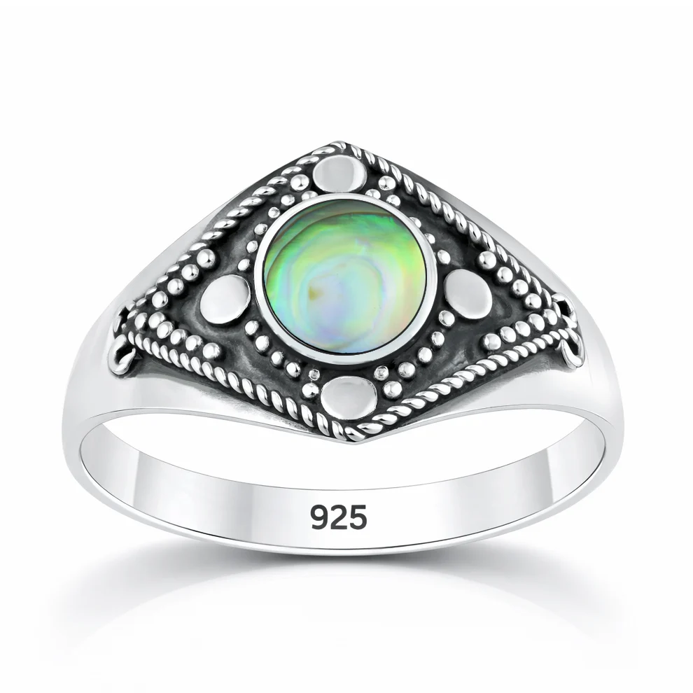Sterling Silver Oxidized And Polished Abalone Shell Stone Bali Ring